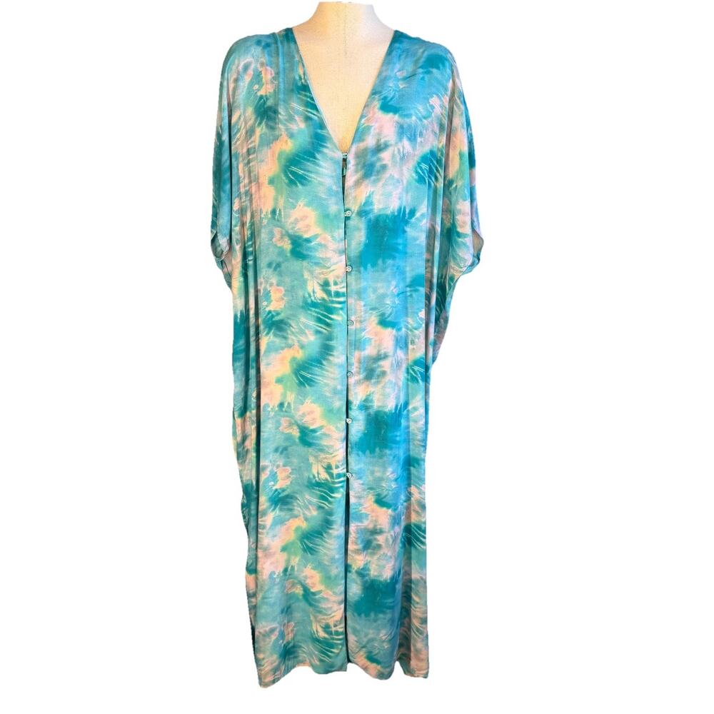 Johnny Was Calme Kaftan Womens S /M Blue Tie Dye Cover Up Rayon Resort Wear